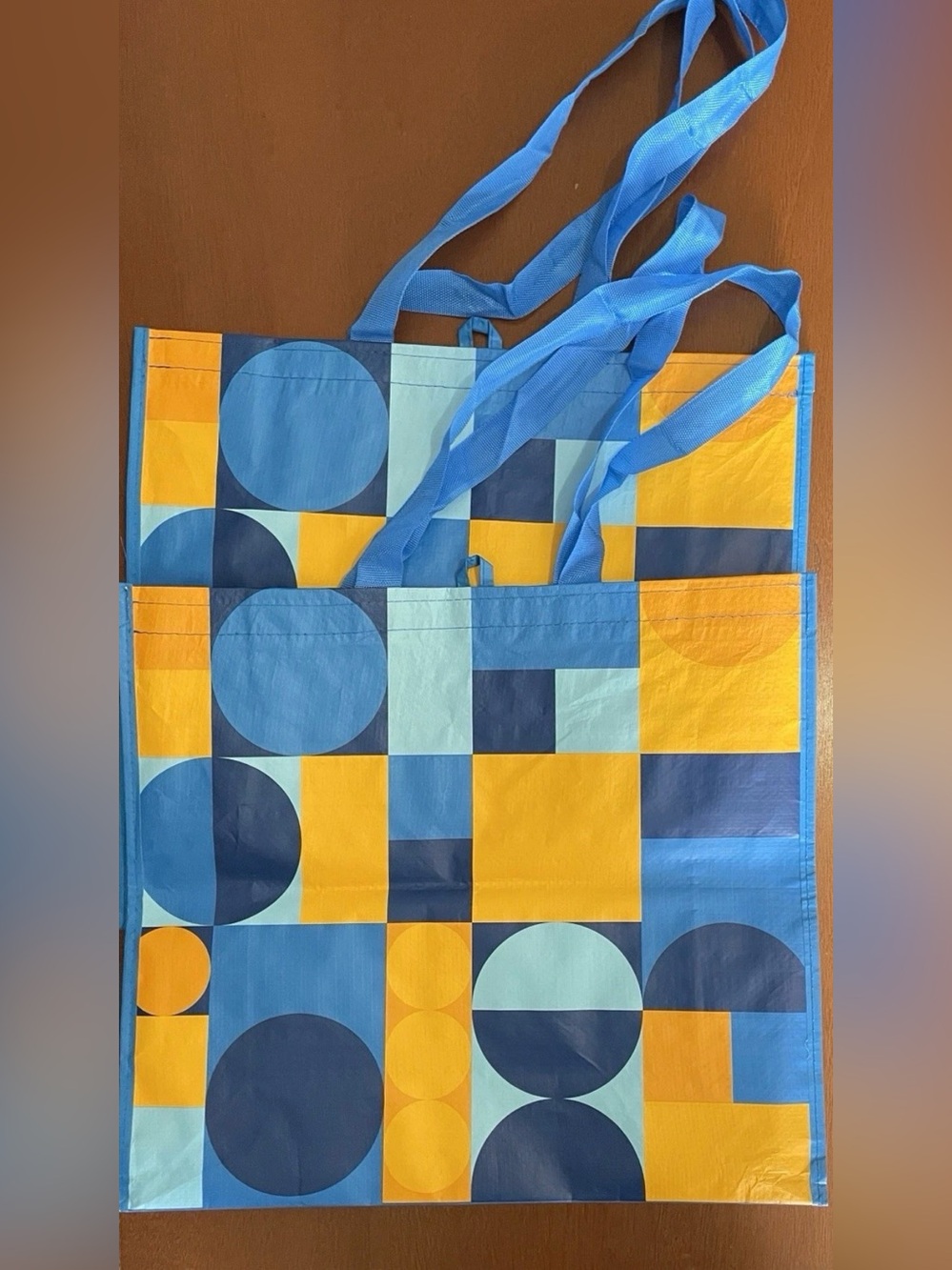 Walmart Large Shopping Bags Lot Of 5 Reusable Blue Yellow Geometric Design
